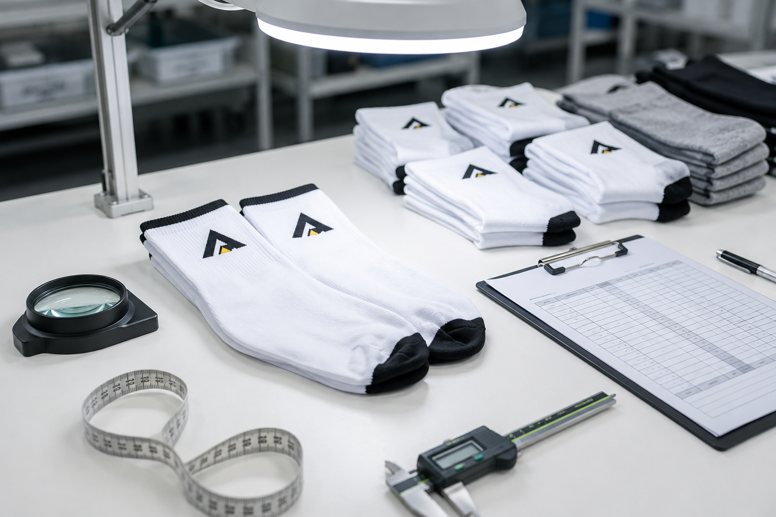 ZheSock quality inspection table with custom socks, magnifier and AQL checklist